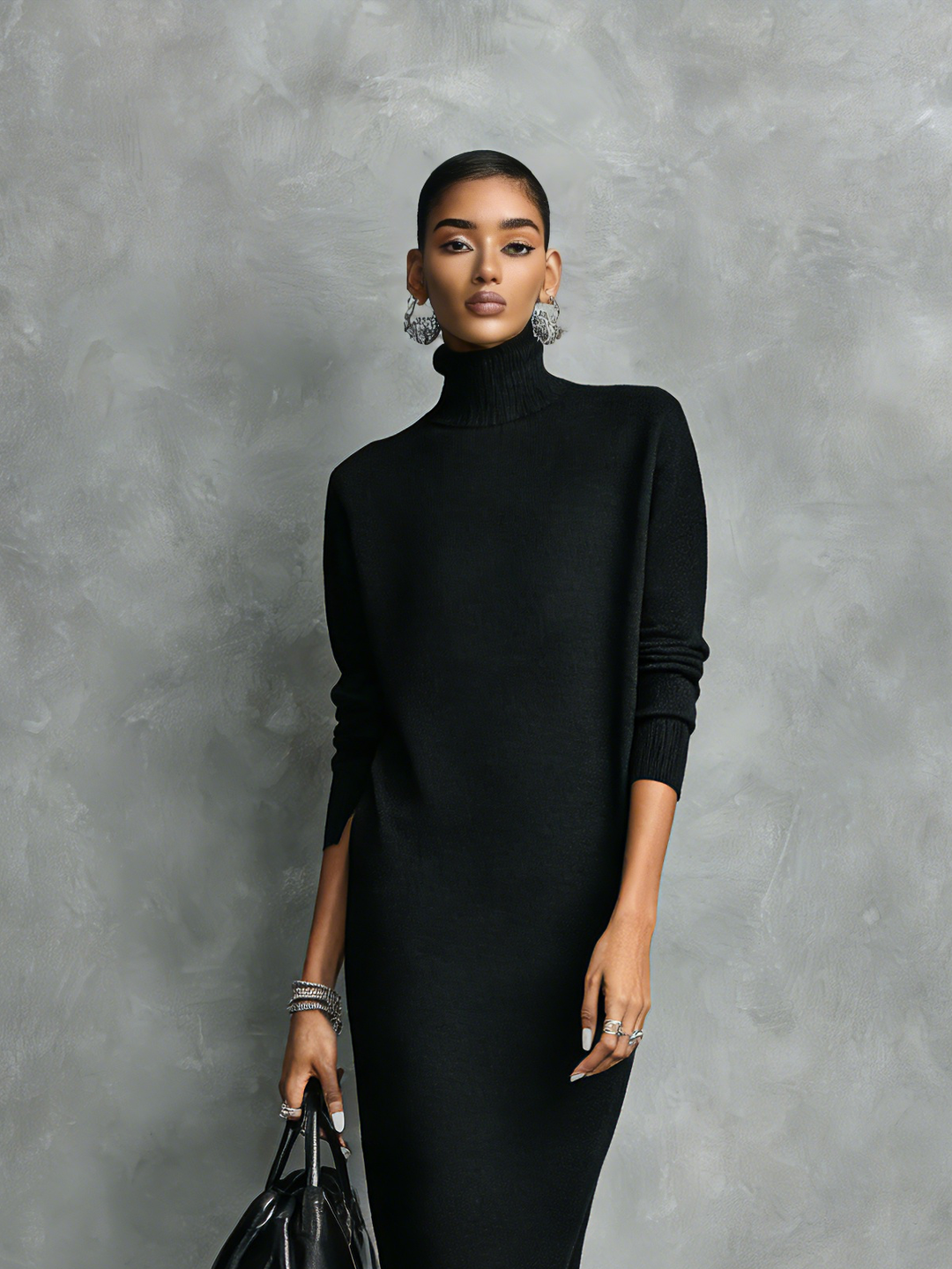 Women's Knitted Turtleneck Midi Dress - Effortless Elegance