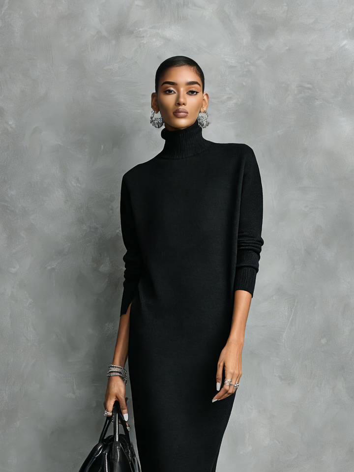 Women's Knitted Turtleneck Midi Dress - Effortless Elegance