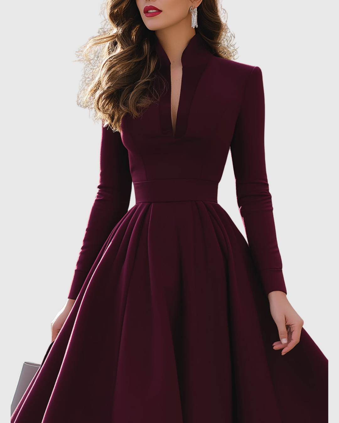 Women's Deep Wine V-Neck Midi Dress - Evening Glamour