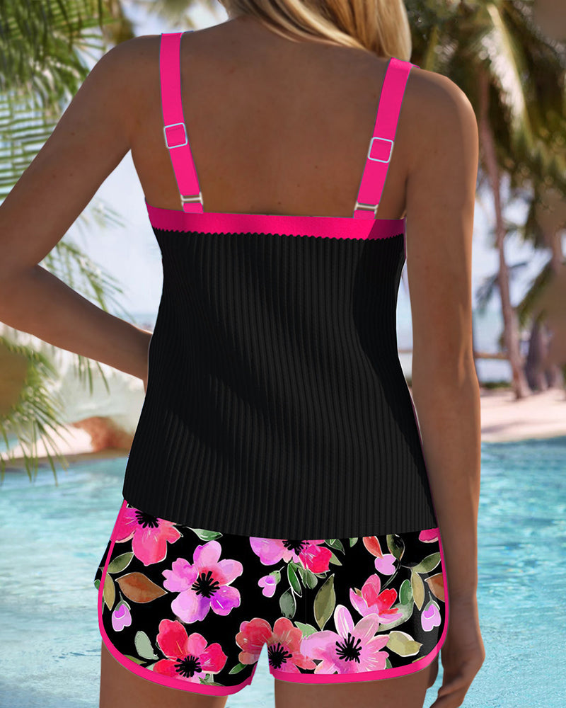 Women's Ribbed & Floral Tankini Shorts Set - Effortless Beach Style