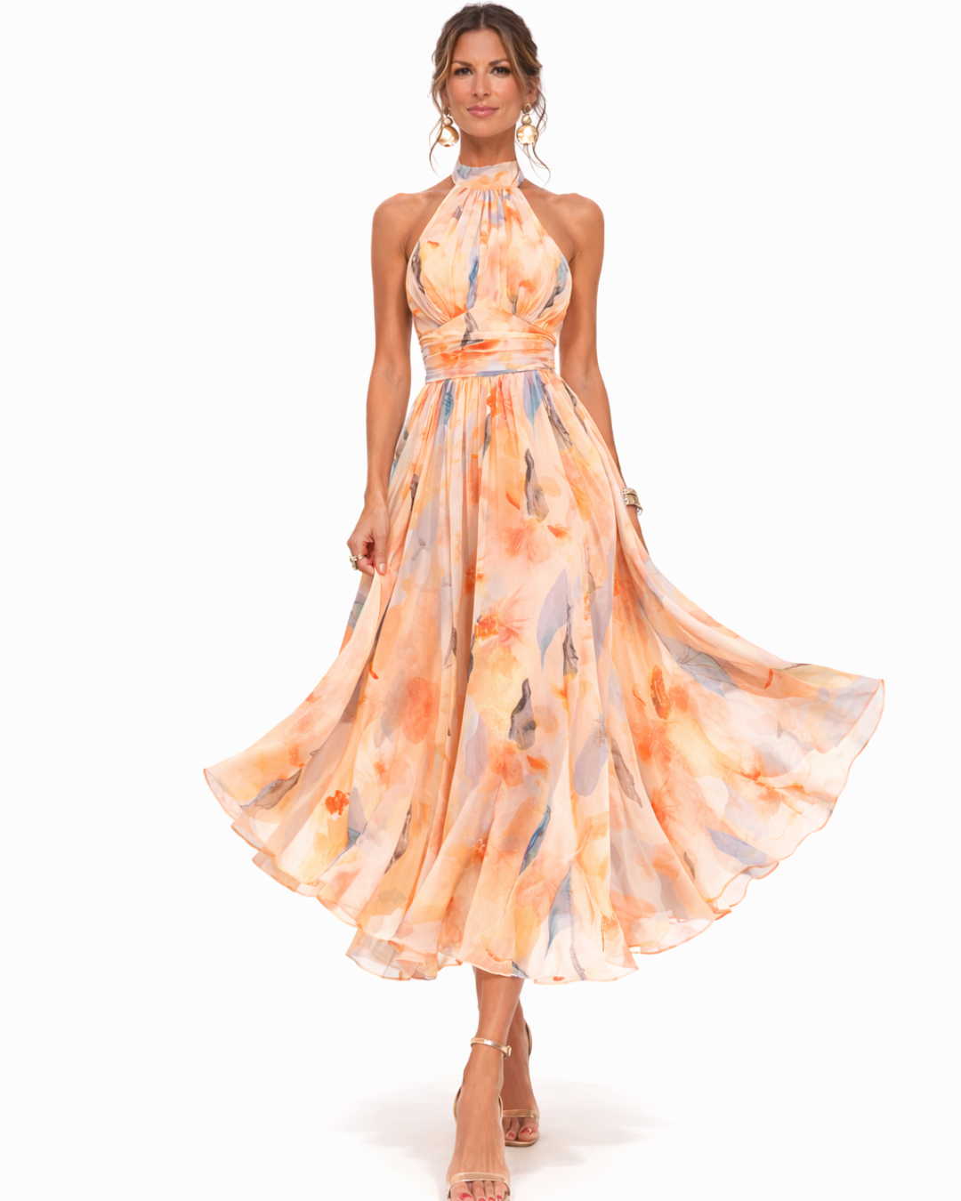 Women's Halter Neck Midi Dress with Watercolor Print