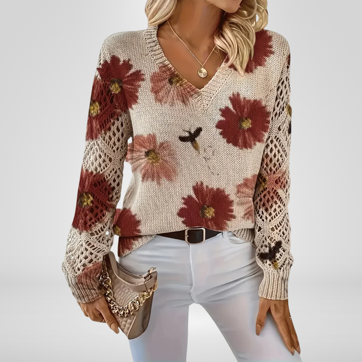 Women's Floral V-Neck Knit Sweater - Year-Round Elegance