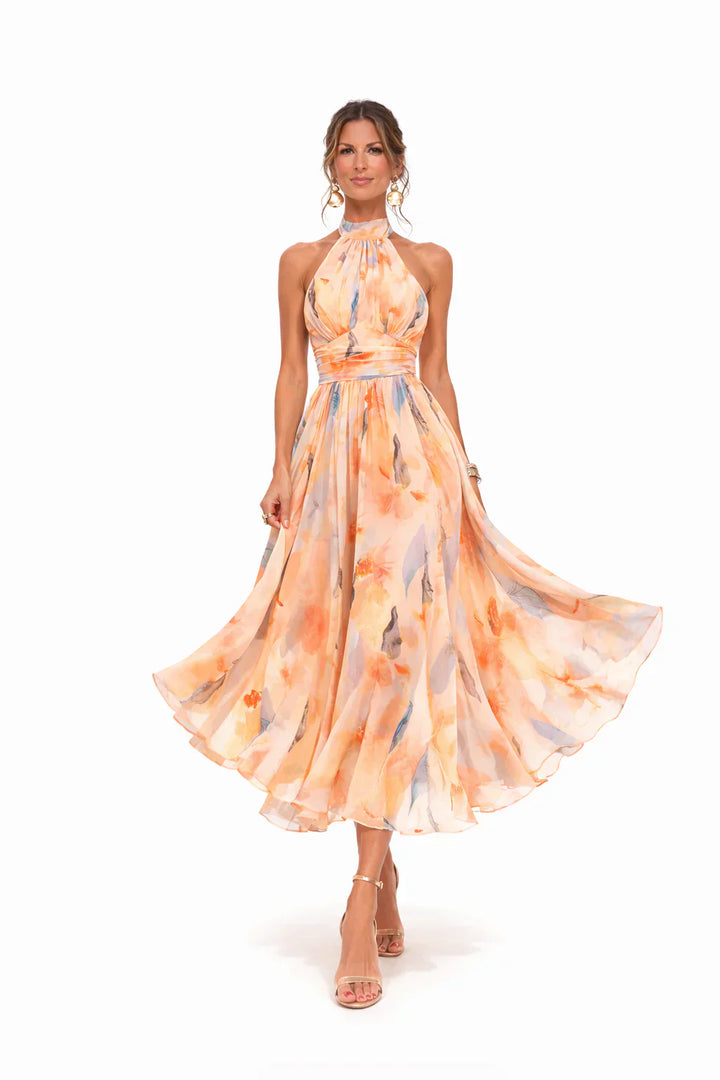 Women's Watercolor Halter Neck Dress - Effortless Summer Elegance