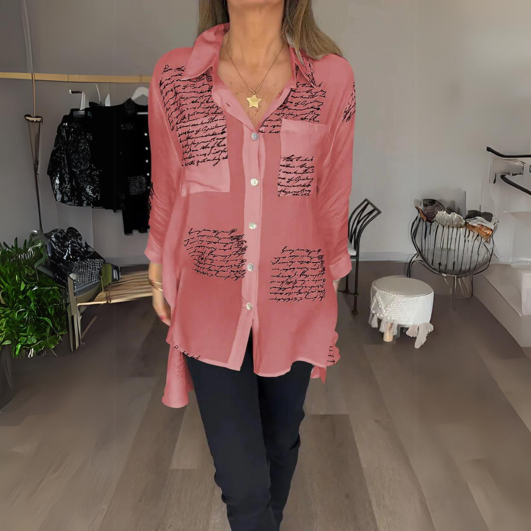 Women's Handwritten Print Button-Up Shirt - Artistic Everyday Style