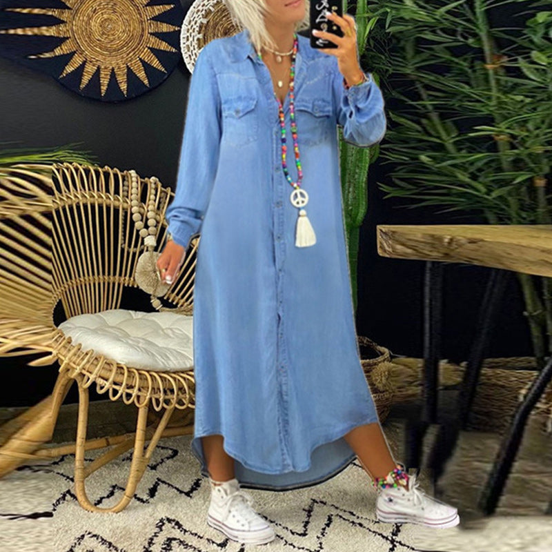 Women's Tummy Covering Denim Maxi Dress - Versatile Elegance