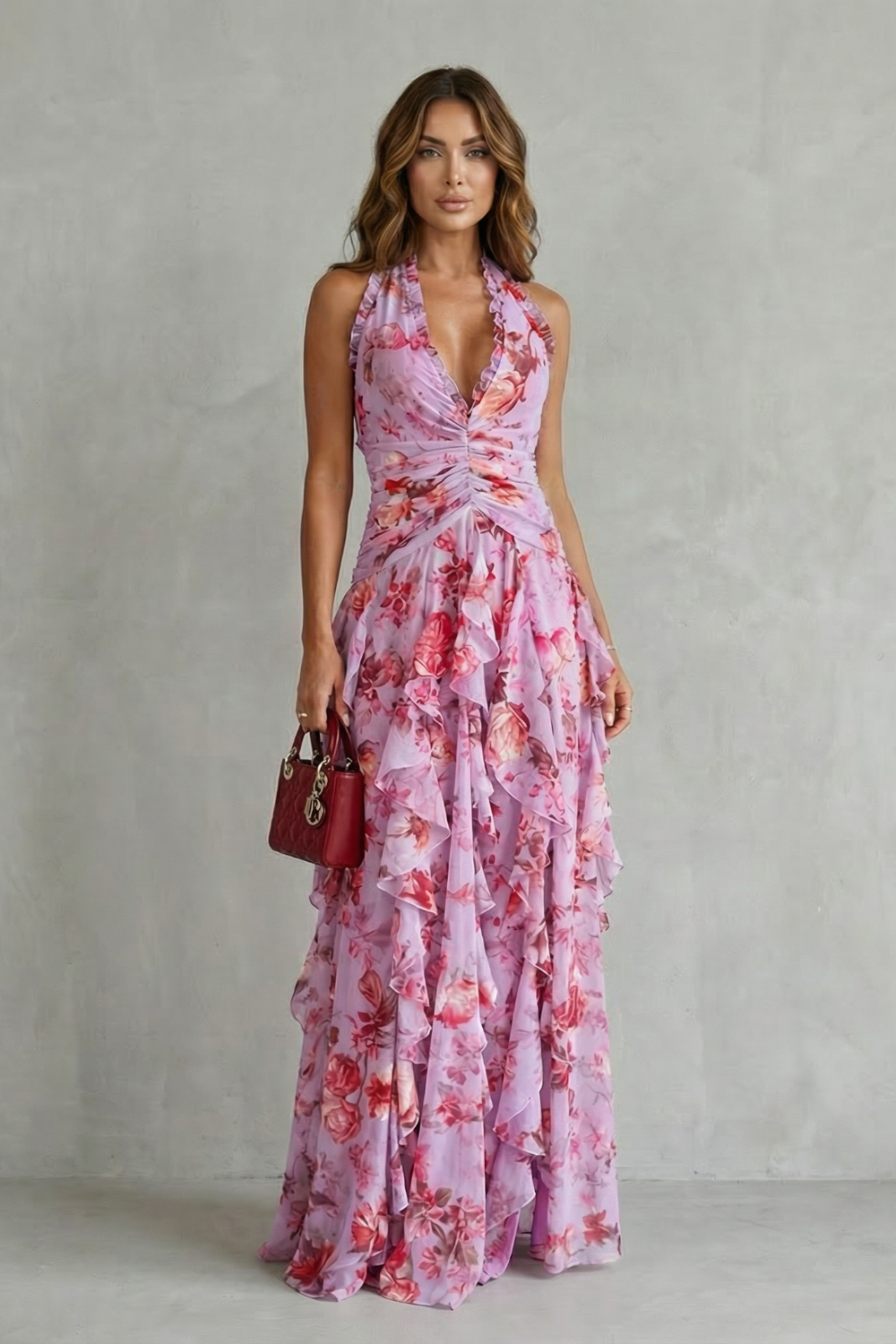 Women's Floral Halter Maxi Dress - Romantic & Elegant