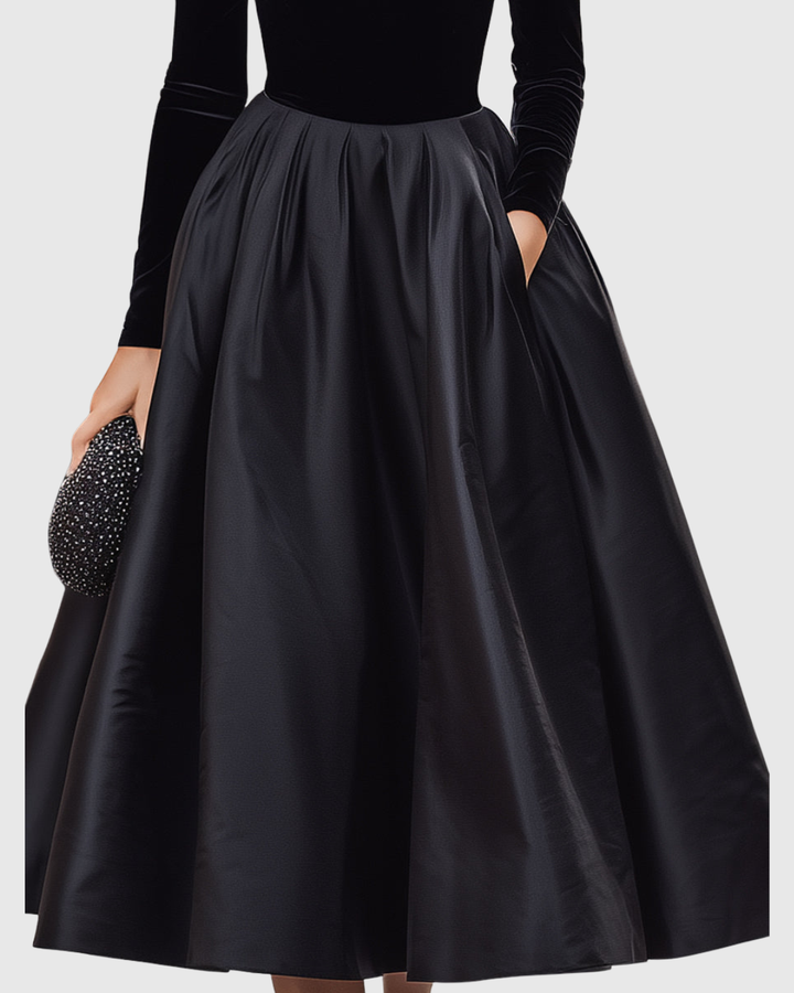 Women's Aradia Black Velvet and Satin Midi Dress - Evening Elegance