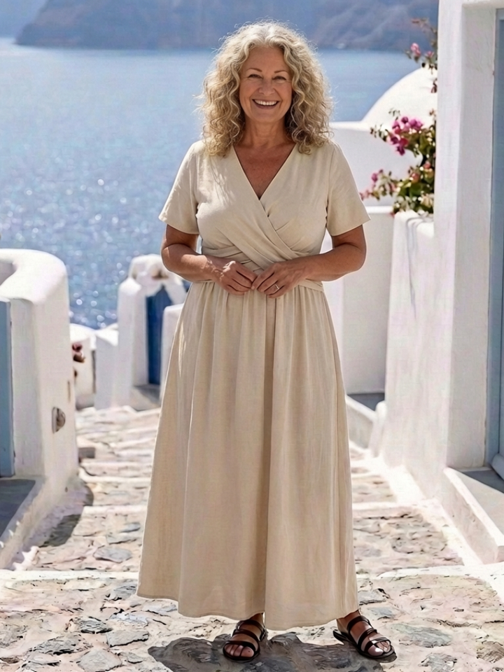 Women's V-Neck Short Sleeve Wrap Waist Midi Dress - Everyday Elegance