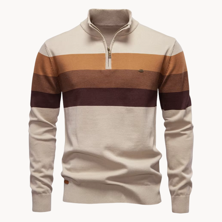 Men's Cotton Quarter-Zip Jumper – Striped Stretch Knit