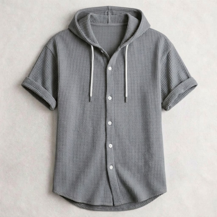 Men's Cotton Waffle Hooded Shirt – Relaxed Long-Sleeve Overshirt