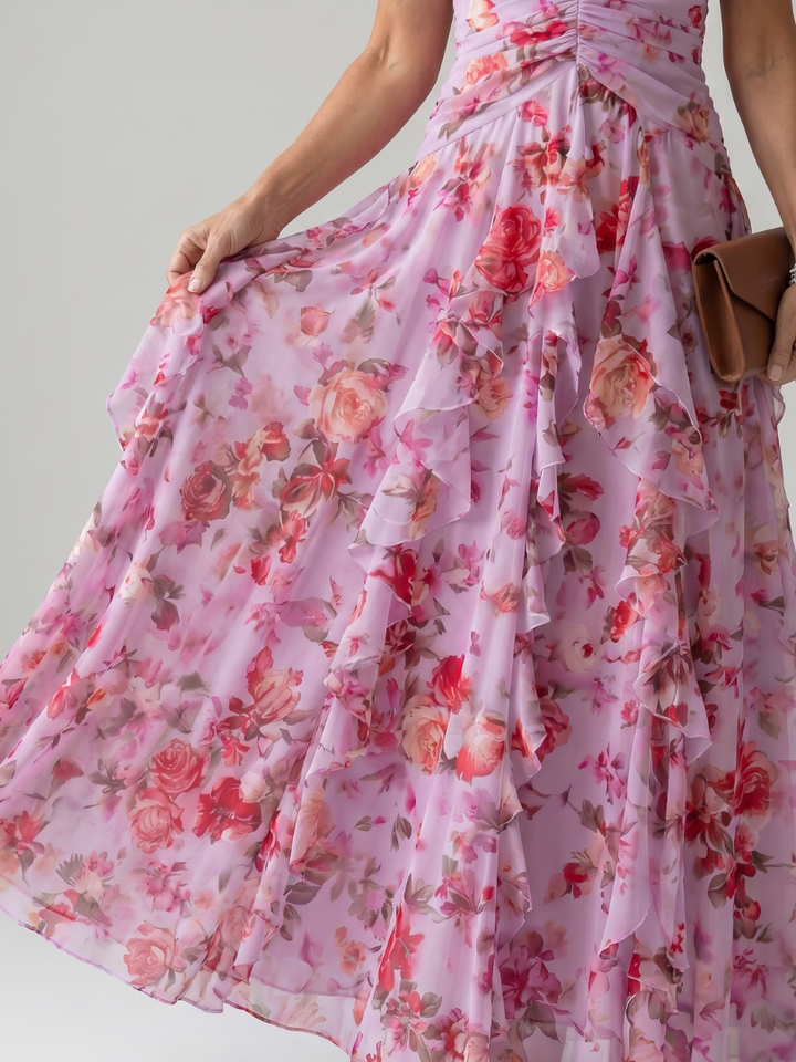 Women's Floral Halter Neck Ruched Bodice Maxi Dress