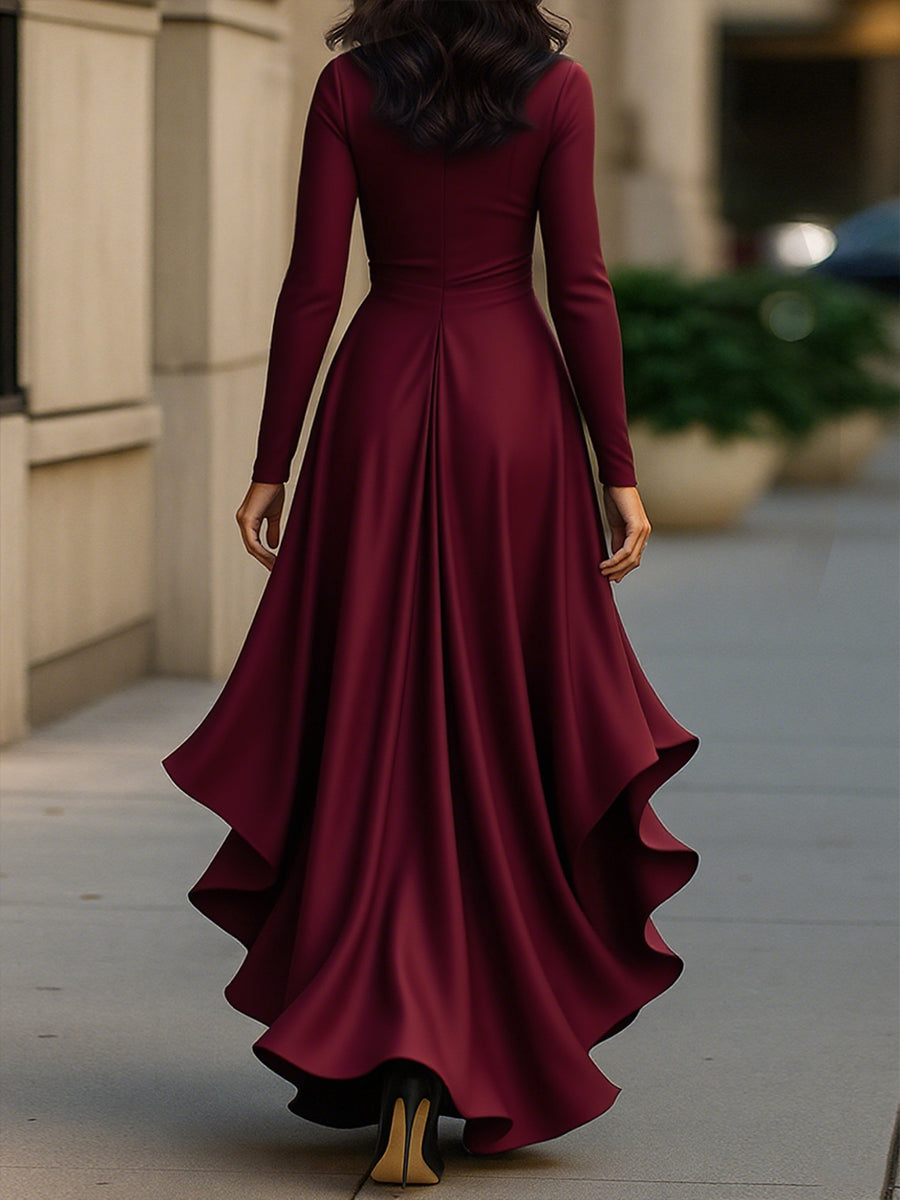 Women's Draped Satin Wrap Maxi Dress with Ruffles - Evening Elegance