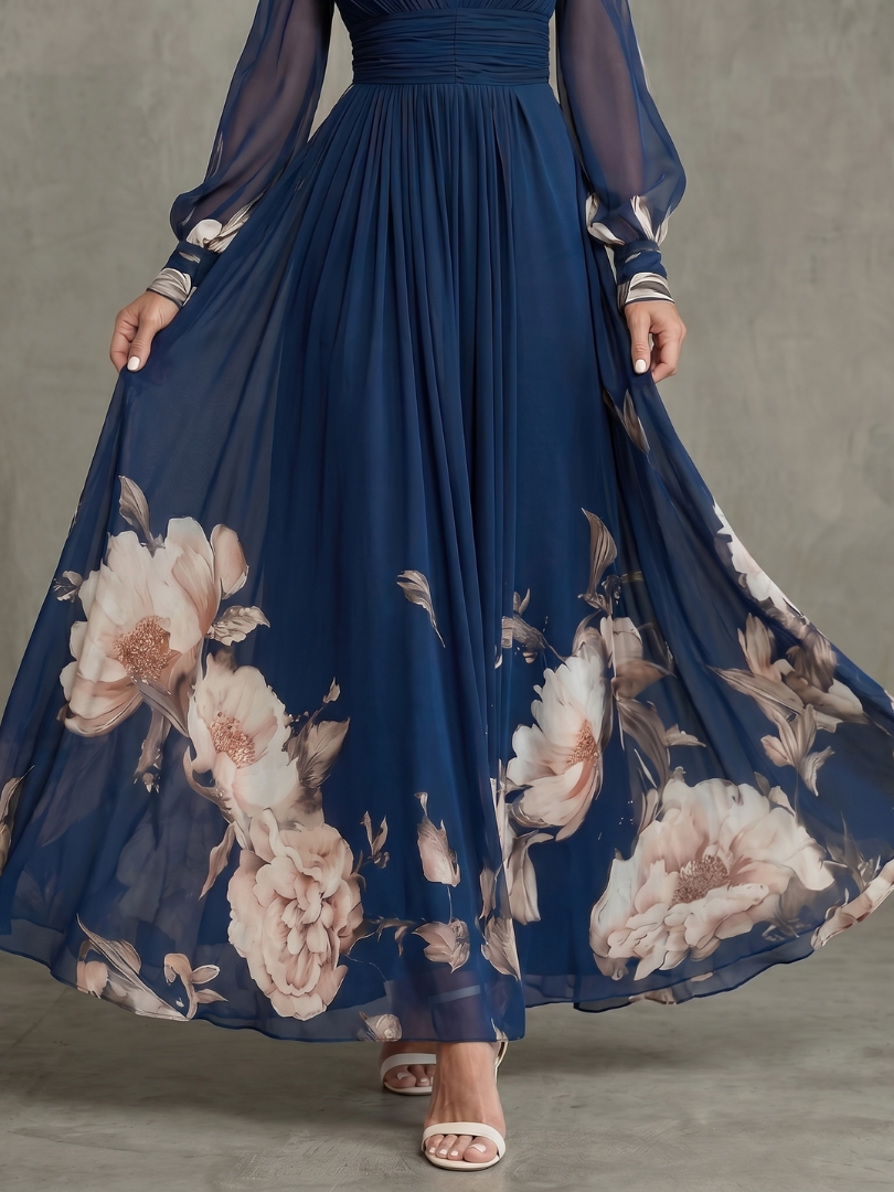 Women's Pleated Sheer Sleeves Maxi Dress - Flowing Silhouette
