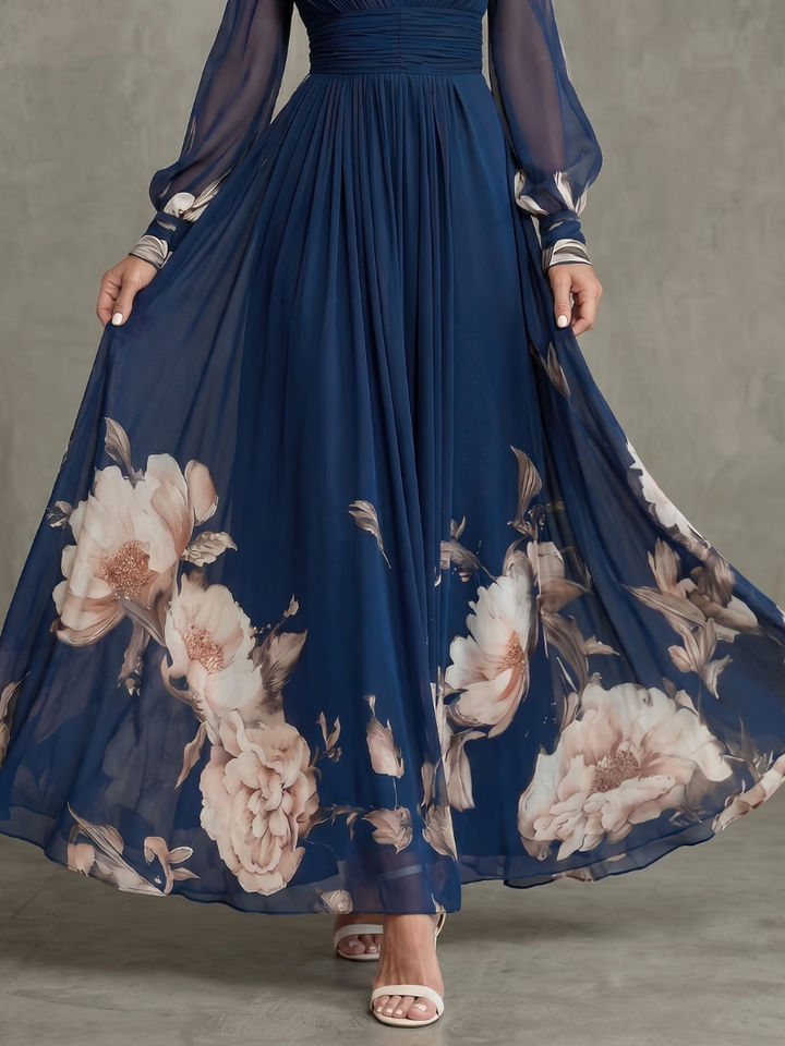 Women's Pleated Sheer Sleeves Maxi Dress - Flowing Silhouette