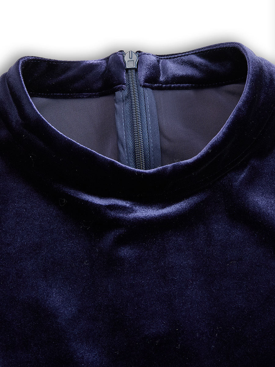 Women's Navy Blue Velvet Long-Sleeve Midi Dress - Evening Elegance