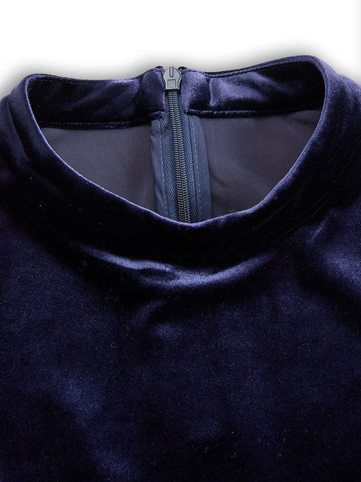 Women's Navy Blue Velvet Long-Sleeve Midi Dress - Evening Elegance