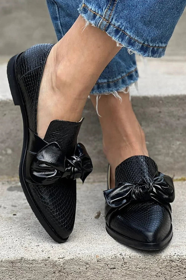 Women's Black Loafer with Shiny Bow - Elegant Everyday Shoe