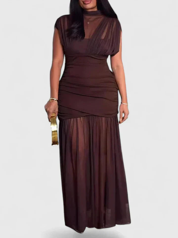 Women's Elegant Maxi Dress with High Neck & Draping - Evening Style