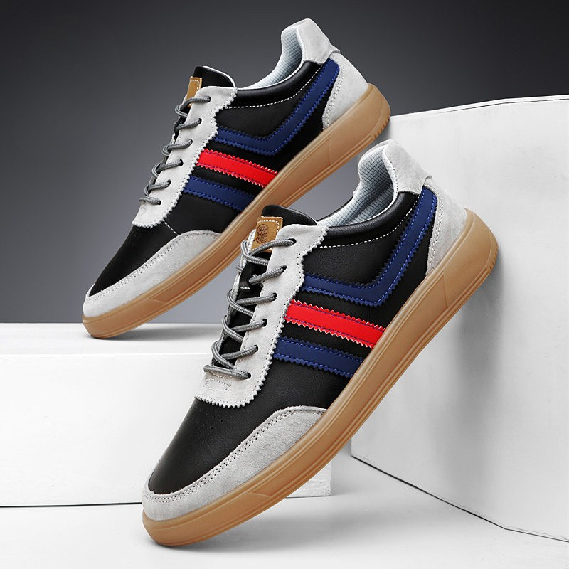 Men's Retro Leather Trainers - Suede Trim Court Sneakers