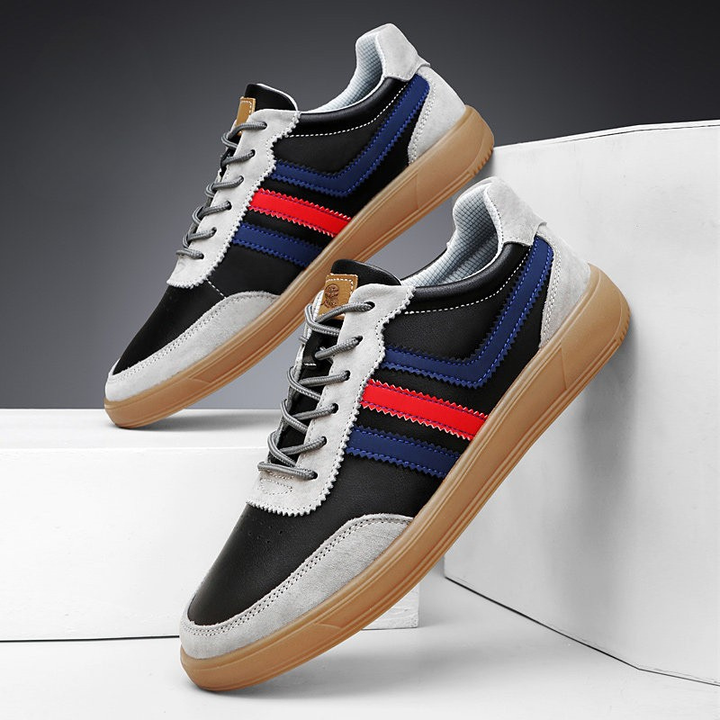 Men's Retro Leather Trainers - Suede Trim Court Sneakers