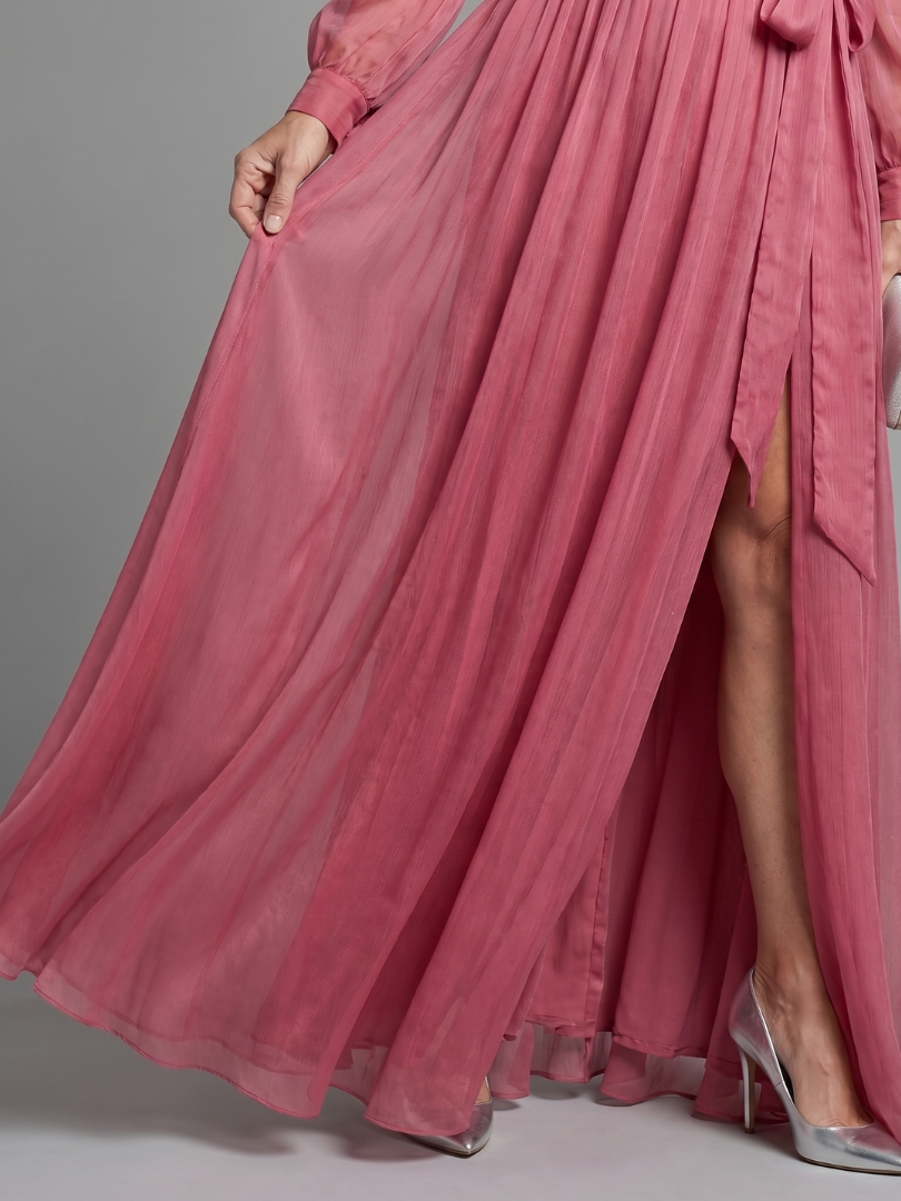 Women's Sheer Long Sleeve Wrap Maxi Dress - Flowing Silhouette