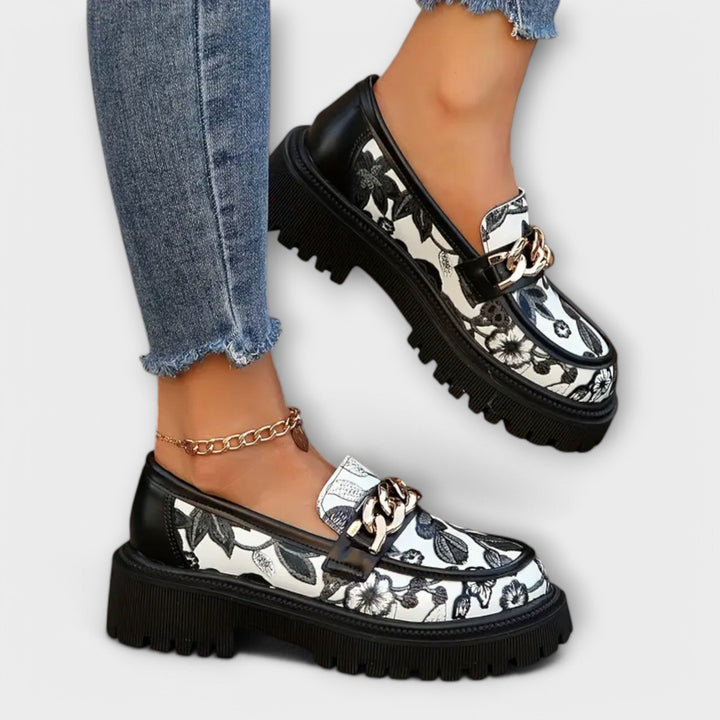 Women's Elegant Retro Loafers - Floral with Metallic Buckle