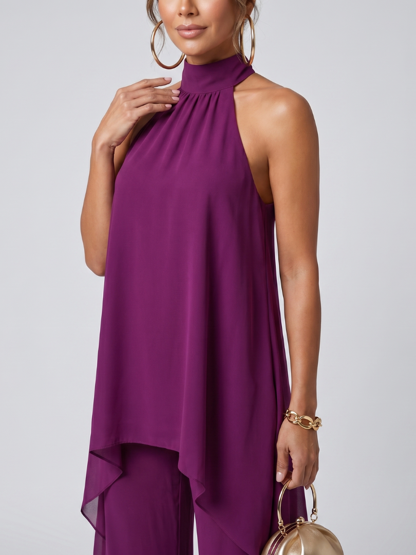 Women's Asymmetric Tunic Top and Wide Leg Pants Set - Effortless Style