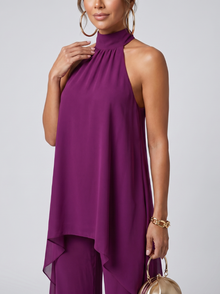 Women's Asymmetric Tunic Top and Wide Leg Pants Set - Effortless Style