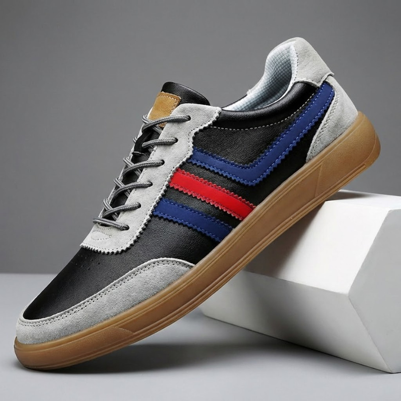 Men's Retro Leather Trainers - Suede Trim Court Sneakers