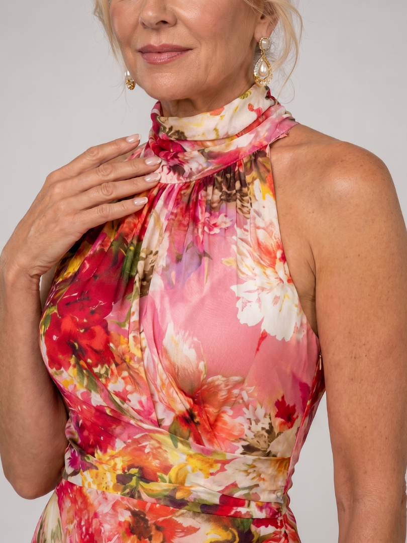 Women's Halter Neck Floral Print Maxi Dress - Elegant Silhouette