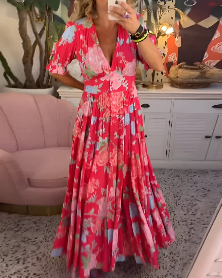 Women's Floral V-Neck Dress with Pockets - Summer Elegance