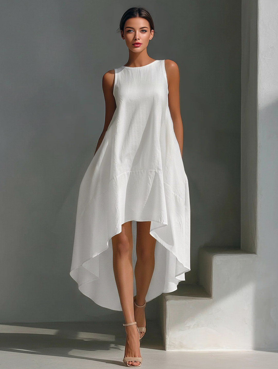 Women's Linen Sleeveless Midi Dress - Asymmetrical Hem, Breezy Style