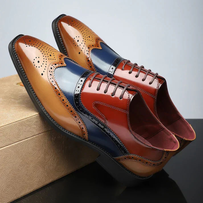 Men's Tricolor Leather Wingtip Dress Shoes - Classic Brogue Detailing