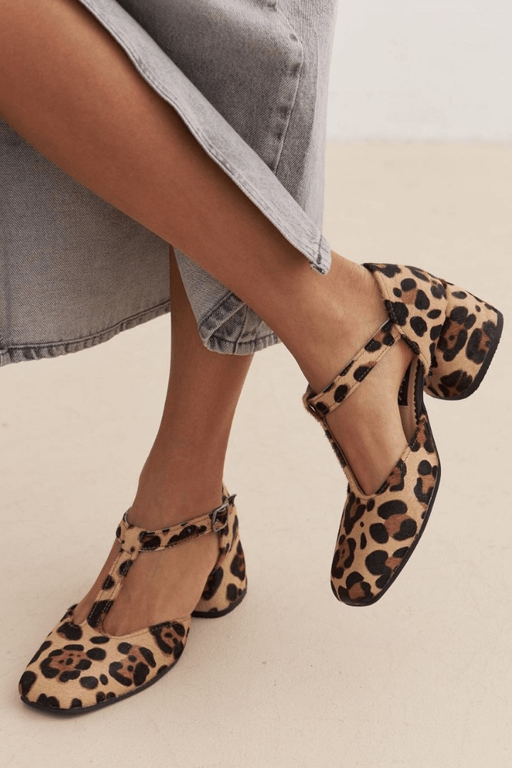 Women's Leopard T-Strap Block Heels - Playful Retro Comfort