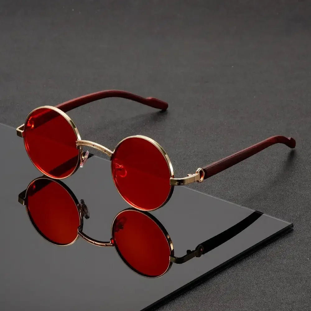 Men's Round Sunglasses - Metal Frame UV400 Wood-Grain