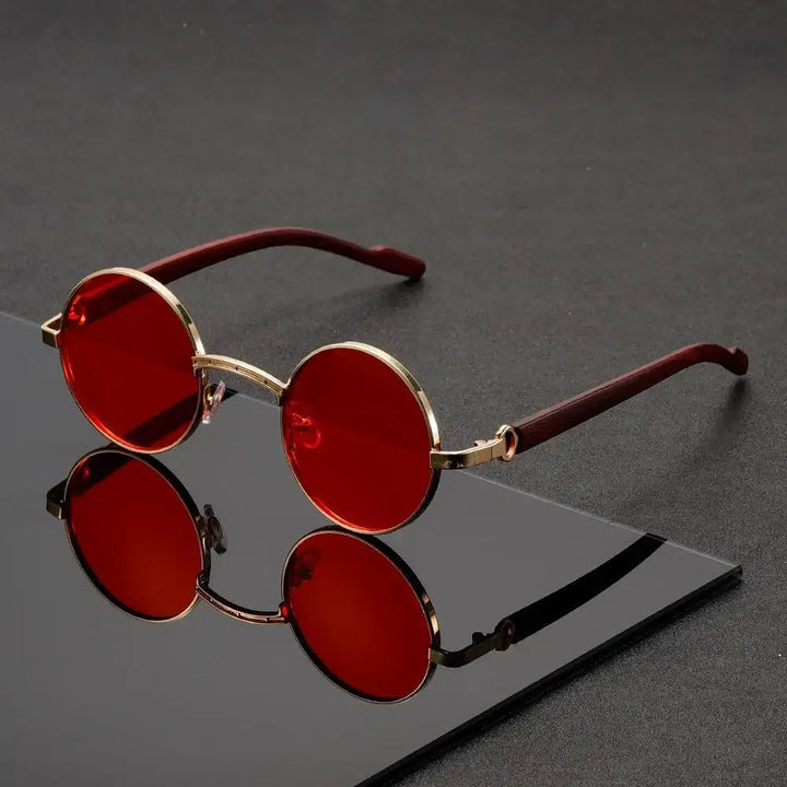 Men's Round Sunglasses - Metal Frame UV400 Wood-Grain