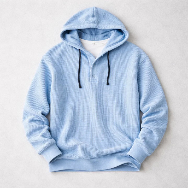 Men's Waffle-Knit Henley Hoodie – Textured Cotton Hooded Top