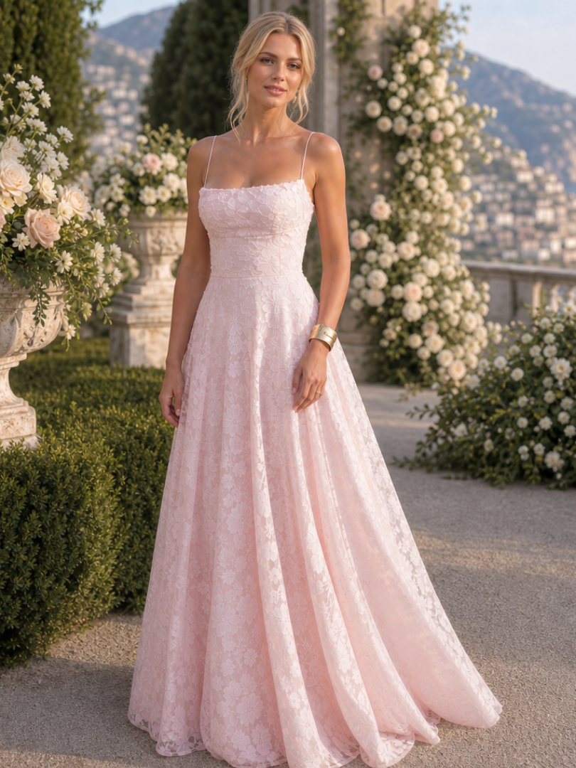 Women's Lace Spaghetti Strap Maxi Dress - Elegant Evening Fit