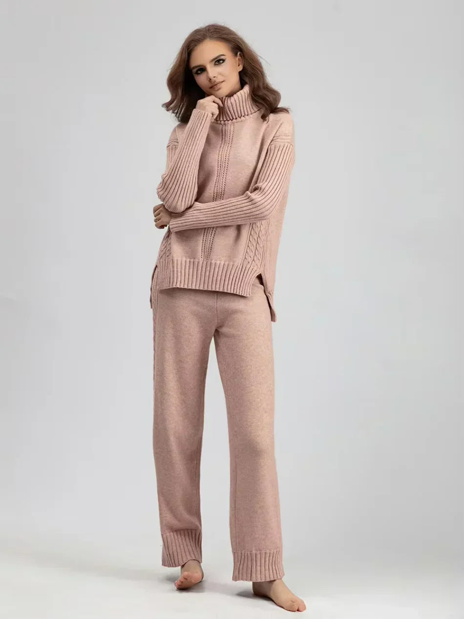 Women's Turtleneck Knit Sweater and Loose Pants Set - Cozy Casual