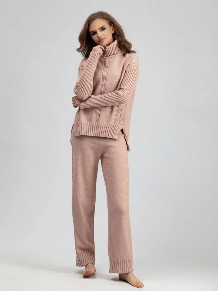 Women's Turtleneck Knit Sweater and Loose Pants Set - Cozy Casual