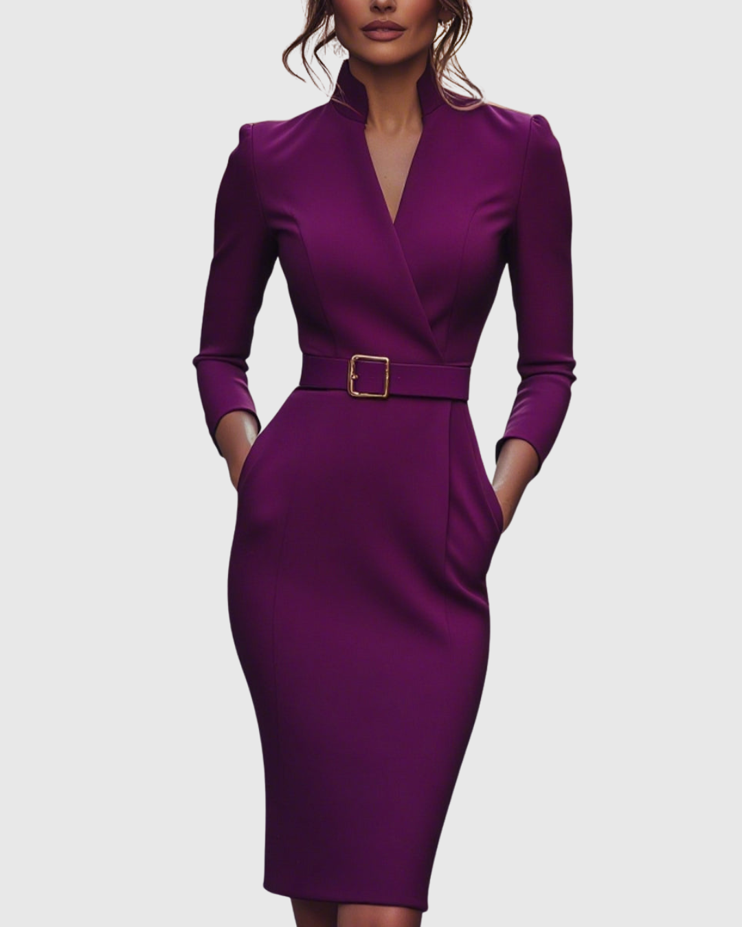 Women's Polyester Midi Dress - Mock Wrap & Belted Fit