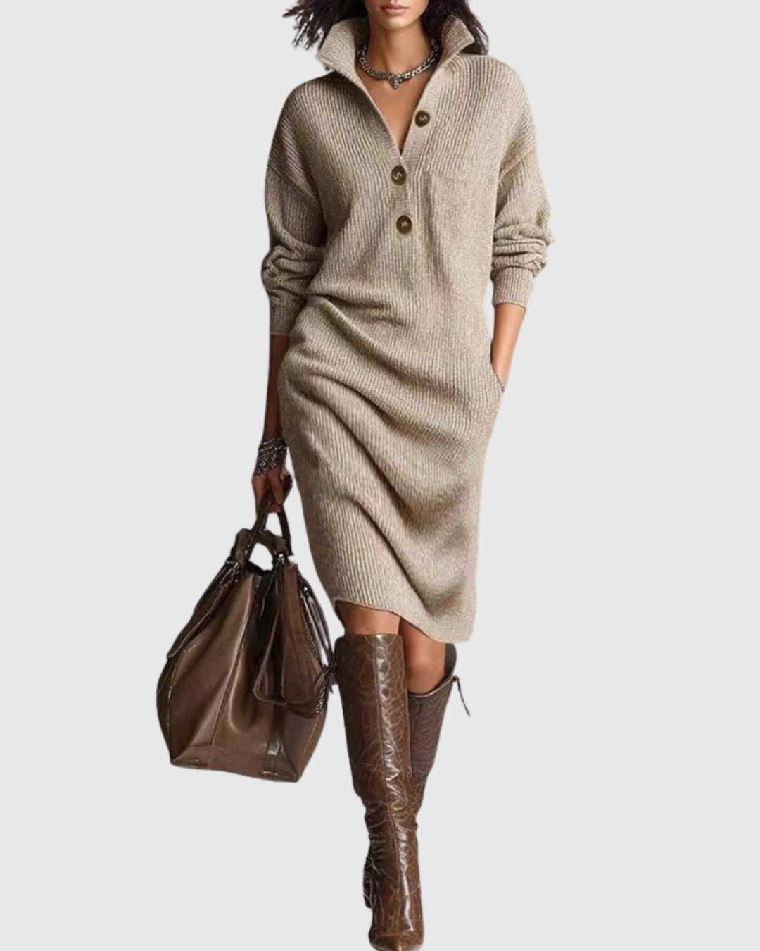 Women's Pure Wool Knit Midi Dress - Timeless Winter Elegance