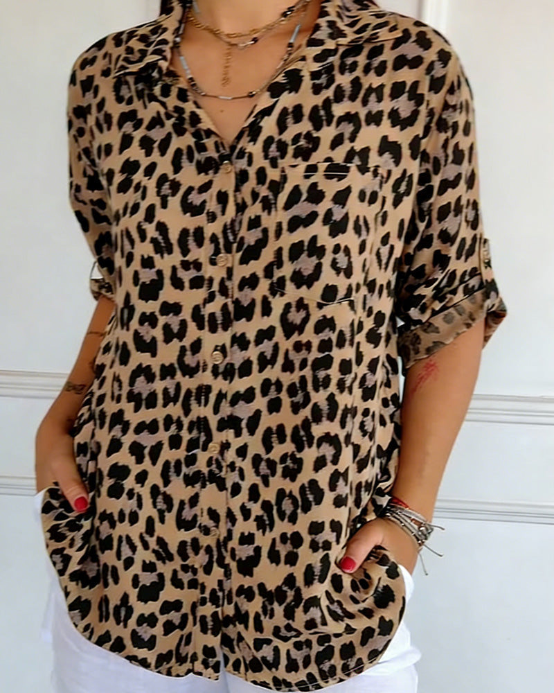 Women's Cotton Blend Leopard Print V-Neck Blouse - Chic Daily Wear