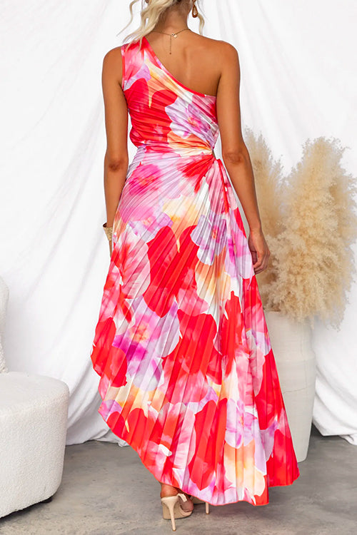 Women's Printed Asymmetrical Pleated Dress - Tropical Evening Charm