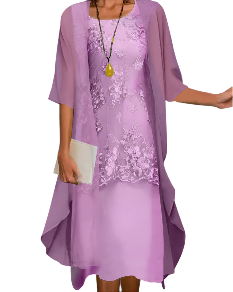 Caroline Women's Wedding Guest Dress - Sheer Sleeve Midi