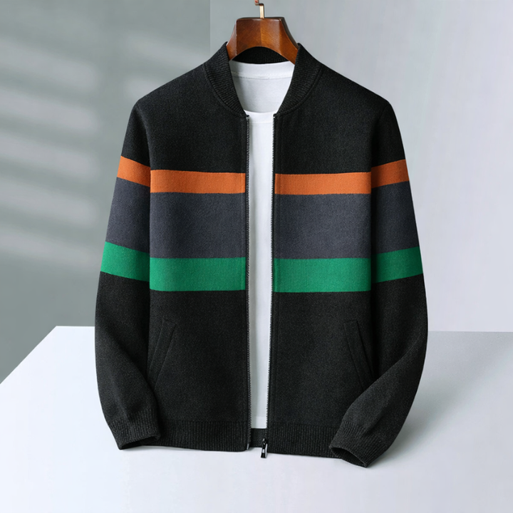 Men's Cashmere Bomber Jacket – Striped Full-Zip Knitted Layer