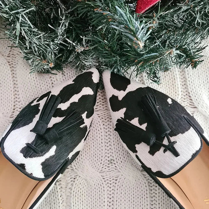 Women's Cow Print Loafers with Tassel - Western-Chic Animal Print