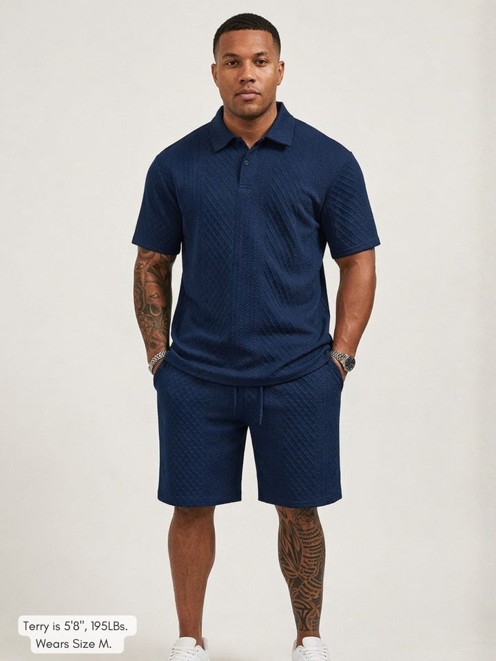 Men's Textured Knit Polo & Shorts Set – Smart Casual Summer Co-Ord