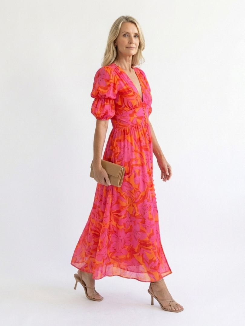 Women's Floral V-Neck Puff Sleeve Midi Dress - Warm Weather Essential