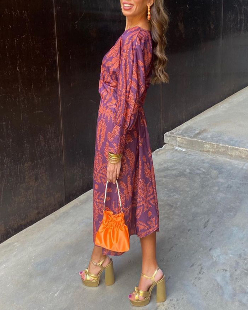 Women's Botanical Print Midi Dress - Elegant Evening Silhouette
